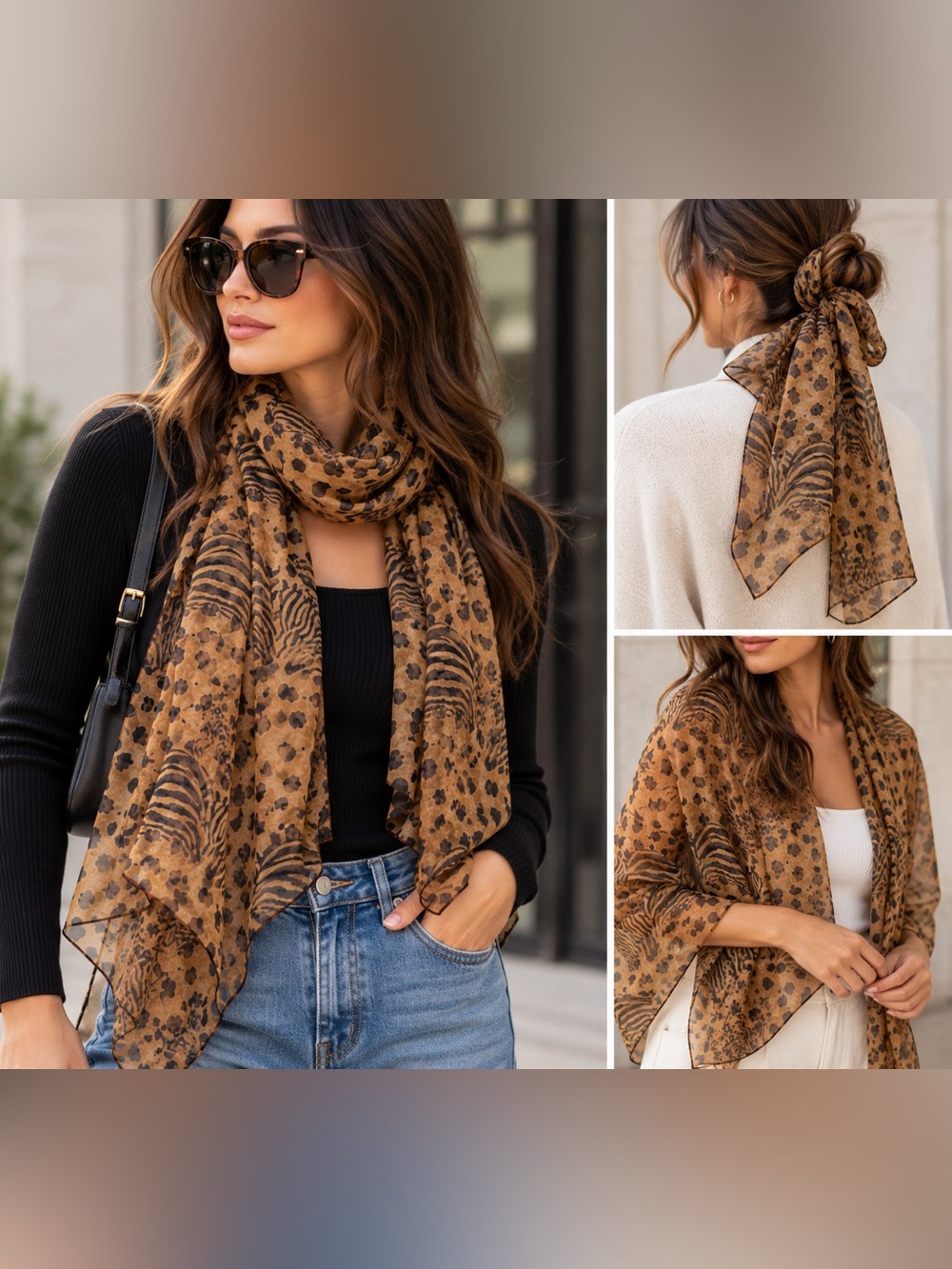 Zebra Leopard Animal Print Sheer Scarf Brown Tan Safari 65x19